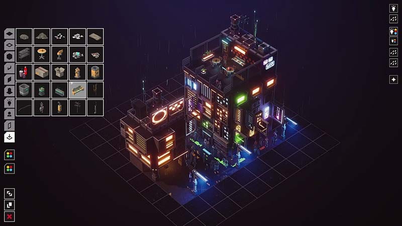 Gameplay scene showing a detailed cyberpunk backstreet with rooftop decorations