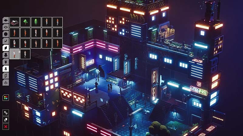 Gameplay scene showing citizens and props arranged within a rain-soaked urban diorama