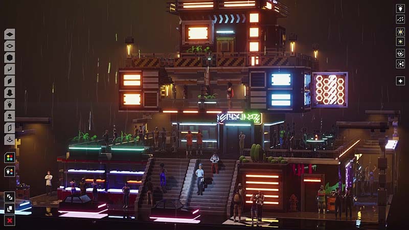 Wide gameplay view showing a dense vertical cyberpunk neighbourhood