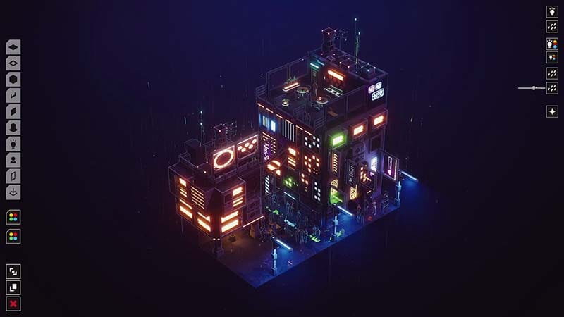 Gameplay scene showing a decorated cyberpunk district with buildings and rooftop details
