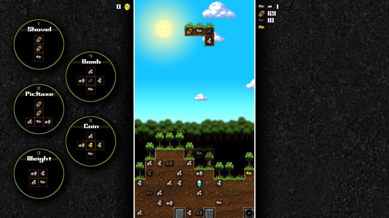 Mineshaft gameplay showing falling blocks being arranged to craft mining tools