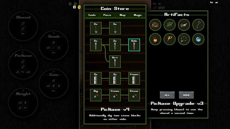 Mineshaft digging gameplay showing blocks being cleared beneath the surface layers