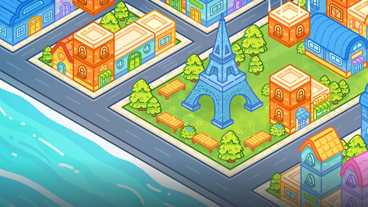 Colorful city landscape with roads, buildings, and expanding urban districts