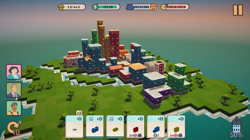 Urban planning interface with building placement and city development