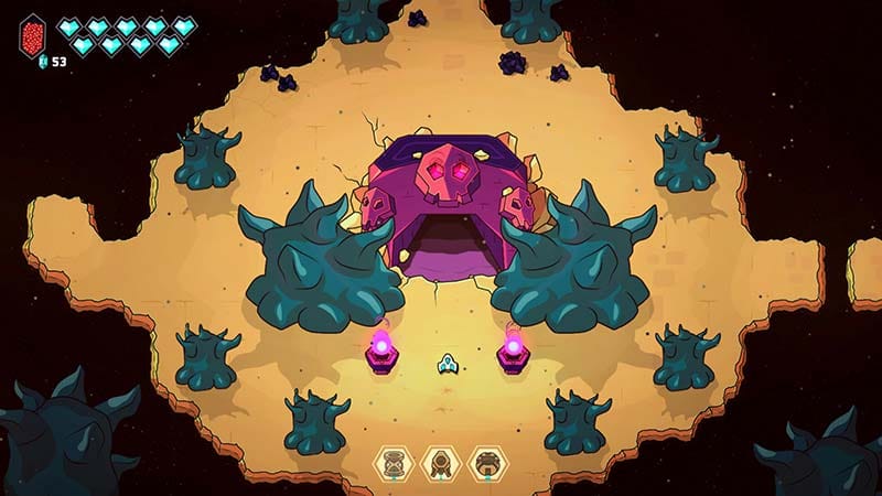 Gameplay scene showing spaceship combat in the world of Minishoot' Adventures.