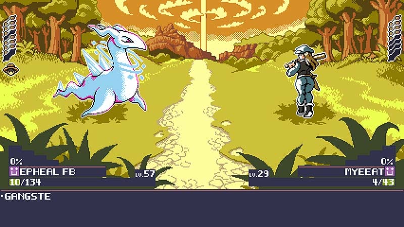 Gameplay scene showing monster encounter in a pixel art environment