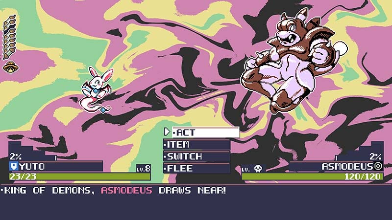 Turn-based battle interface with player and monster team display