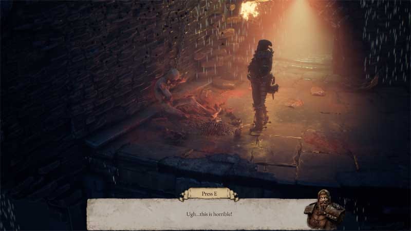 Isometric gameplay scene showing hack and slash combat in a grotesque dungeon area