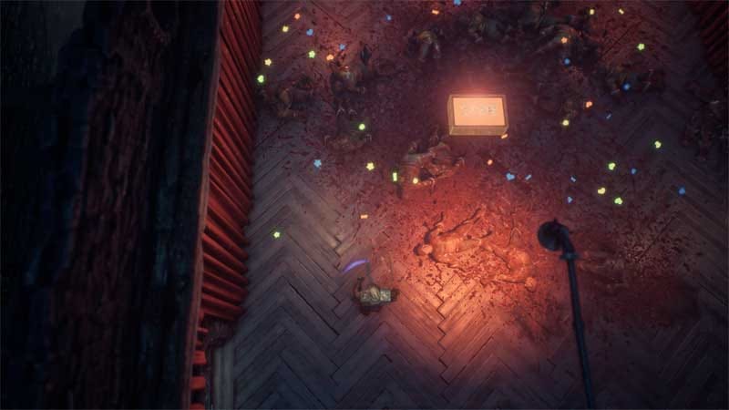 Violent combat encounter with chainsword attacks against undead enemies