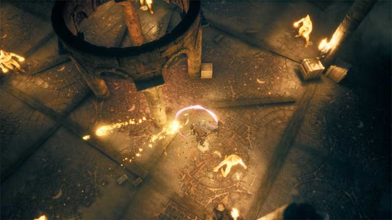 Gameplay view showing cannon arm weapon used in ranged combat scenario