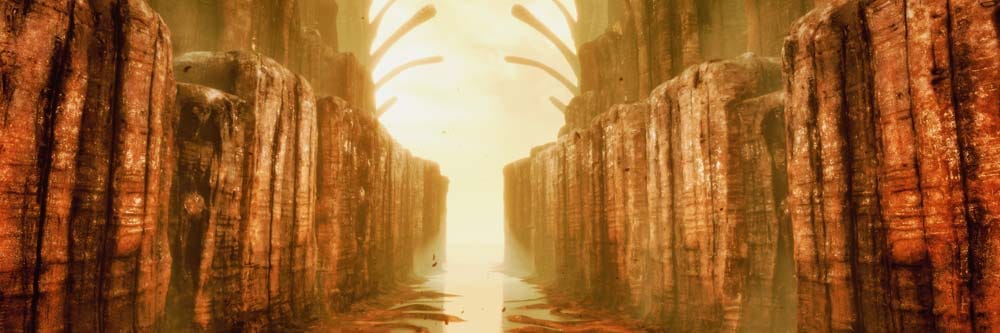 Wide cinematic view of a decaying surreal world environment
