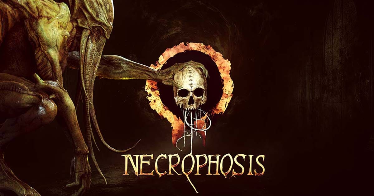 Promotional key art showing a macabre landscape from Necrophosis