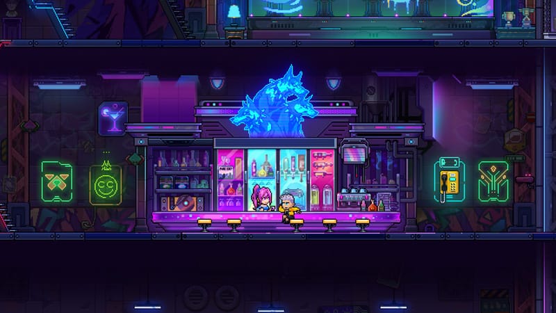 Side-scrolling action roguelike scene in a cyberpunk pixel graphics environment