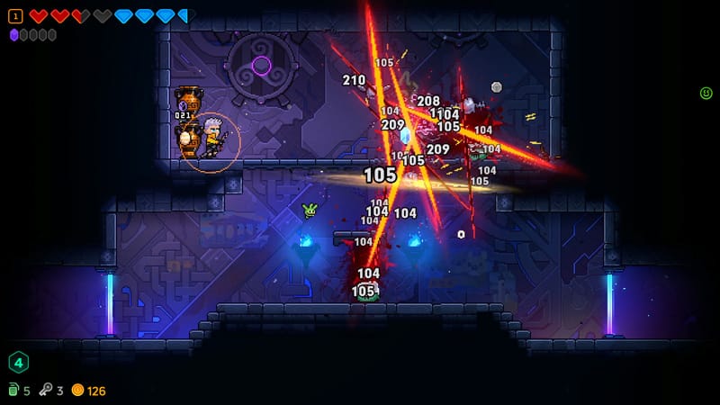 Stylized action roguelike gameplay from Neon Abyss 2 with bullet hell combat