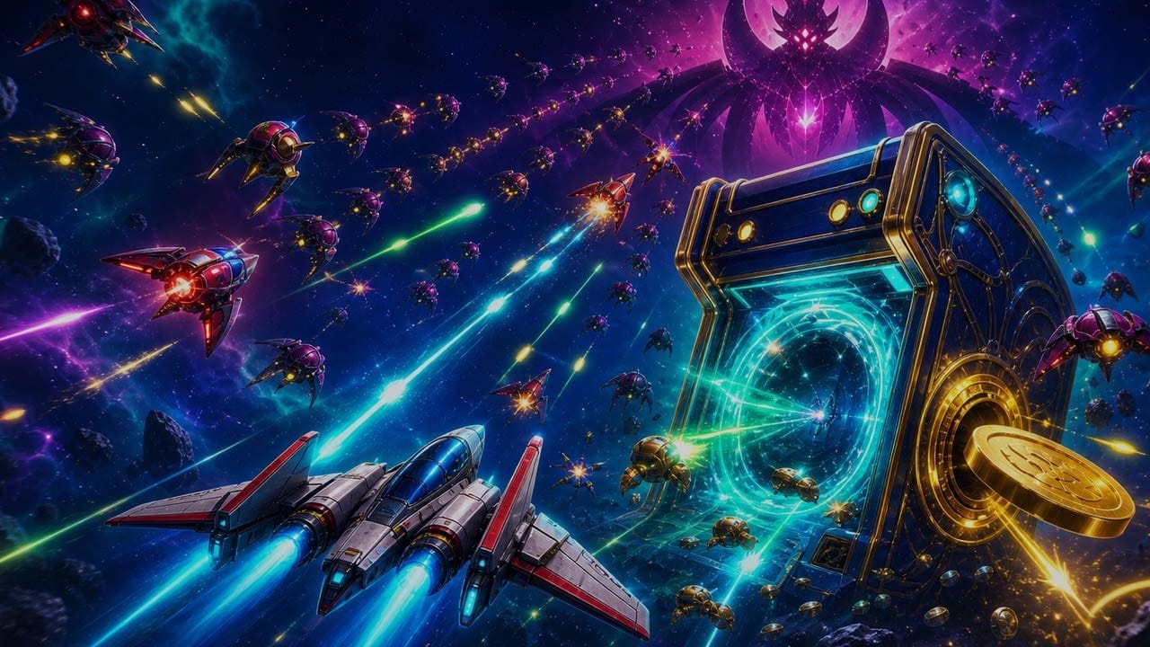 Colorful sci-fi space battlefield filled with ships, enemies, and projectile effects