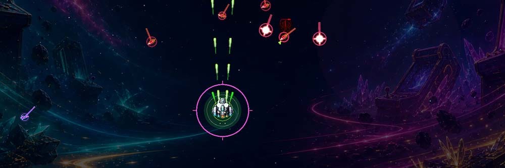 Wide space battle scene representing Nova Swarm's arcade shooter gameplay