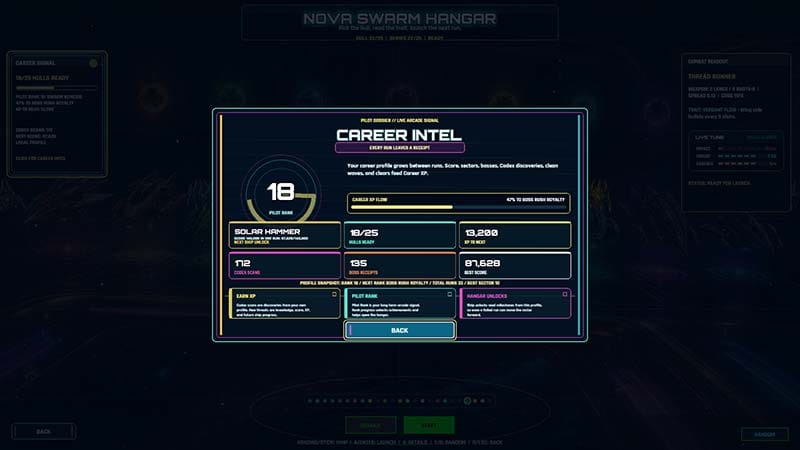 Gameplay scene showing a player ship navigating enemy attack patterns in space