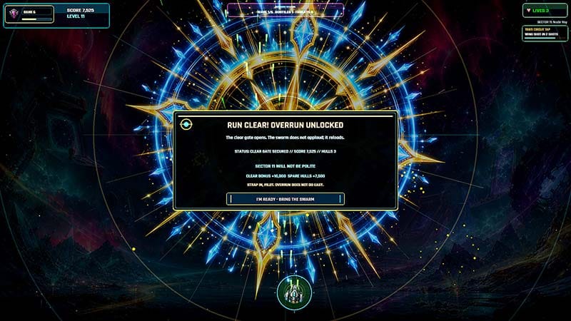Unlockable ship engaging waves of enemies during a score-focused run