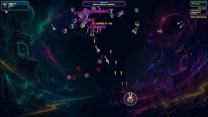 Space combat scene highlighting evasive movement through dense projectiles