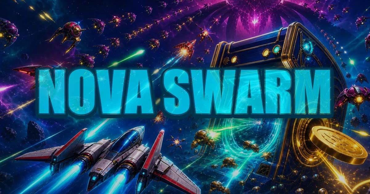 Promotional artwork featuring spacecraft combat and enemy swarms in Nova Swarm