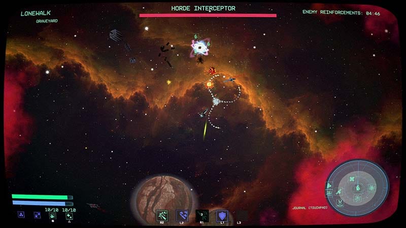 Gameplay scene showing combat against hostile space forces