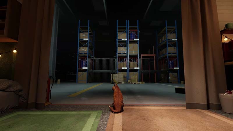 Gameplay view of a dim warehouse aisle during an order retrieval shift.