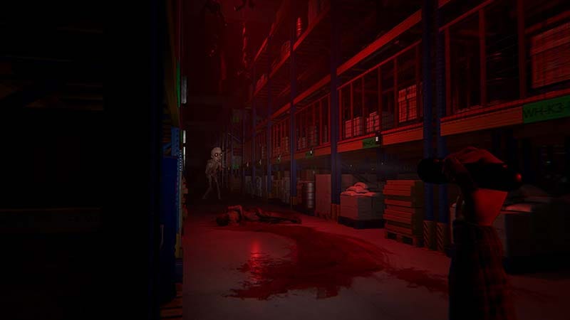 First-person scene showing item collection inside a dark warehouse storage area.