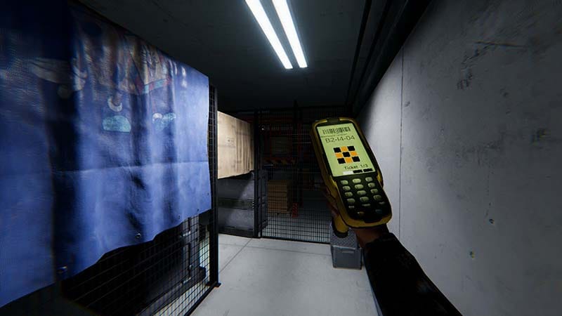 Warehouse interior with shelves and low lighting during exploration.