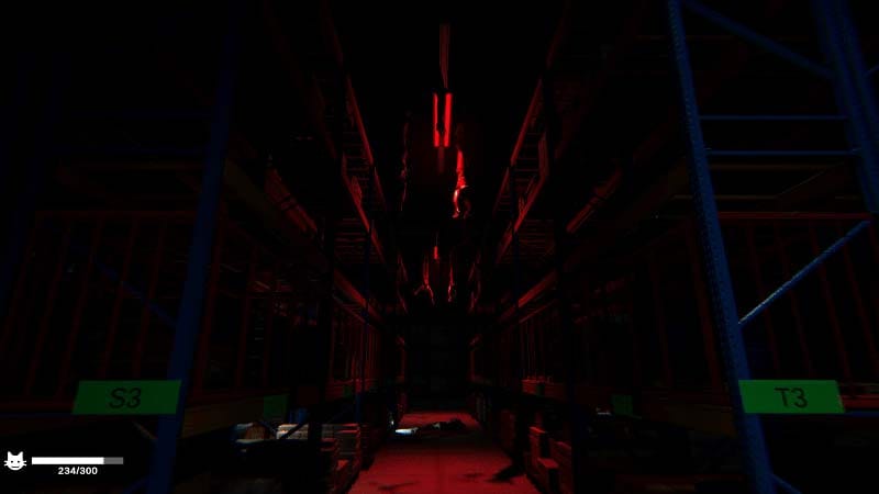 Player navigating storage rows using a flashlight in the fulfillment center.