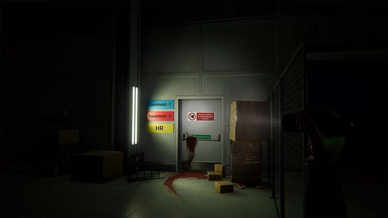 Exploration scene inside a large warehouse environment with limited visibility.