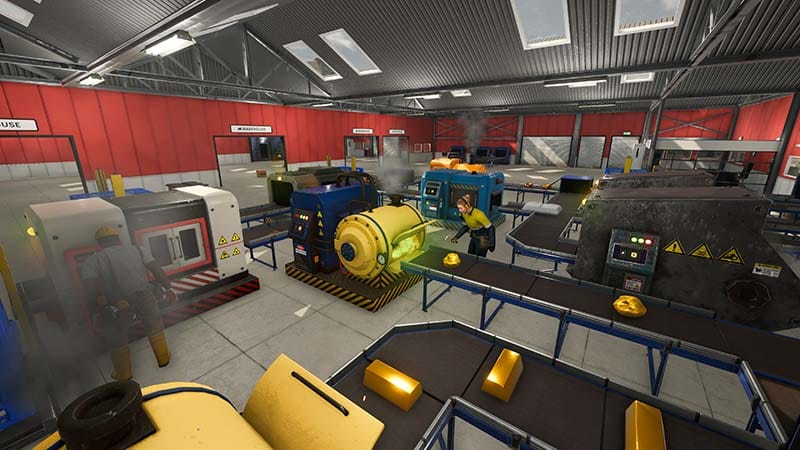Interface screen displaying factory machines, production systems, and management options