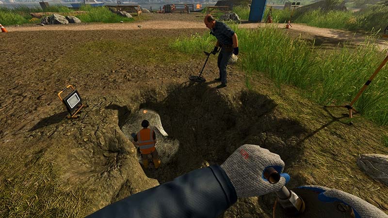 Gameplay scene showing industrial equipment and resource extraction at a mining site