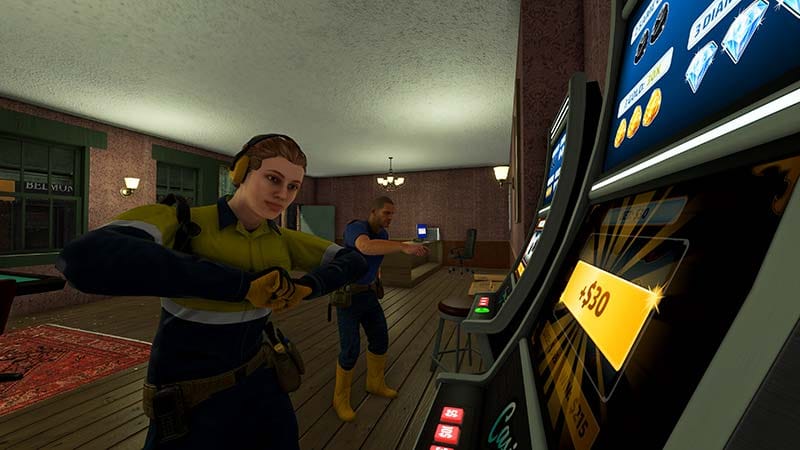 Gameplay scene showing a player managing resources and production inside a factory