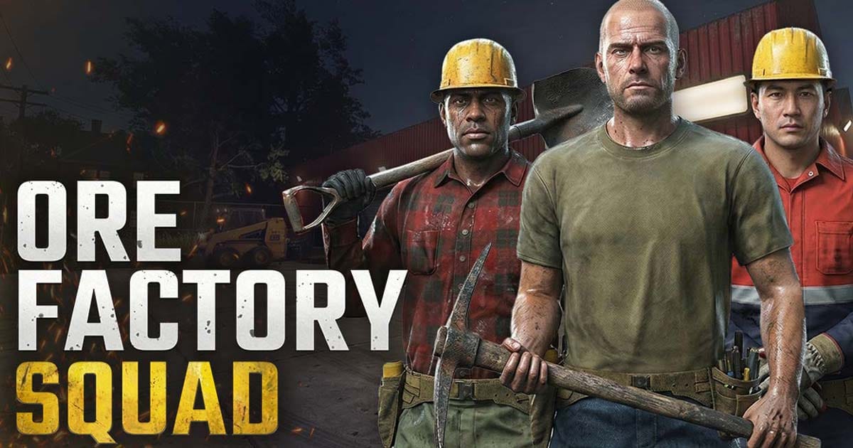 Promotional artwork showing mining operations and factory production in Ore Factory Squad