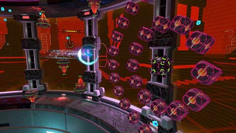 Arcade shooter gameplay scene with interceptor battling infected constructs