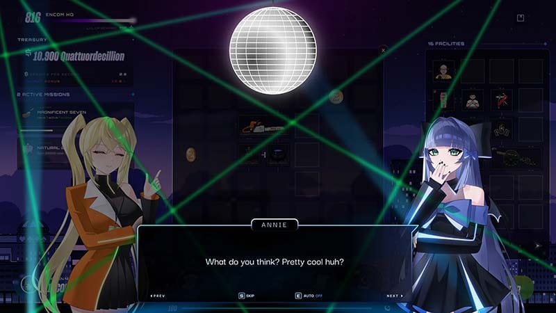 Gameplay interface showing facility selection and upgrade options within a studio management screen
