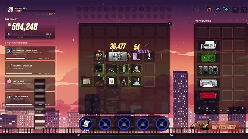 Magic system interface showing spell selection and cooldown-based effects on production