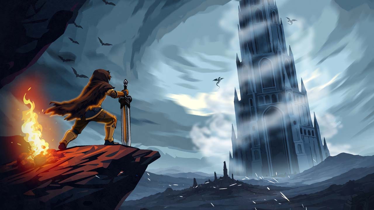 Dark fantasy tower environment showing an action RPG battle scene with enemies