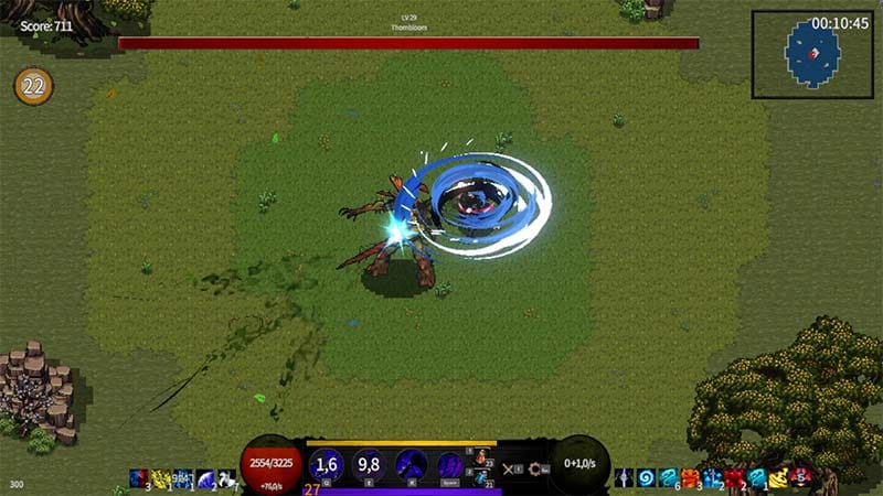 Gameplay scene showing a tower combat encounter with enemies and character abilities