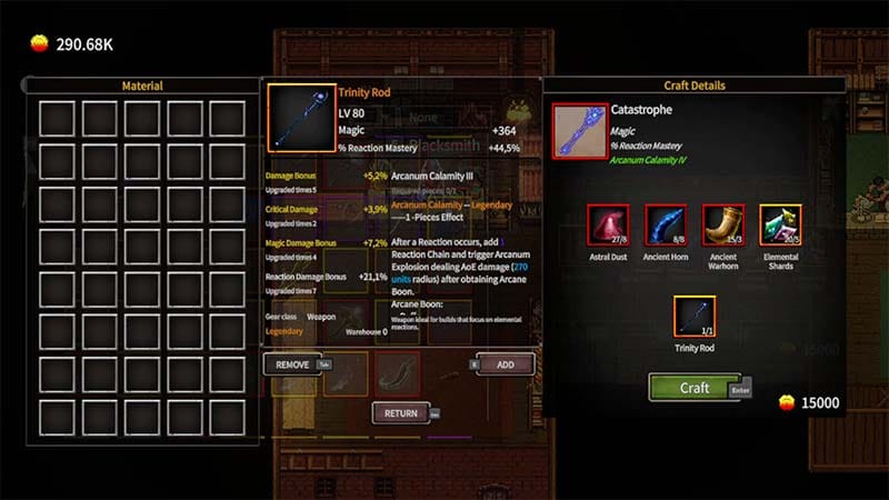 Game interface screen displaying character progression and gameplay options