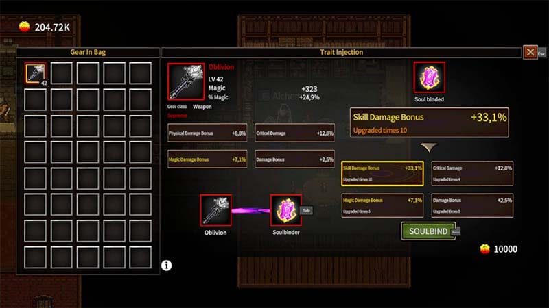 Menu interface showing equipment, abilities, and customization options