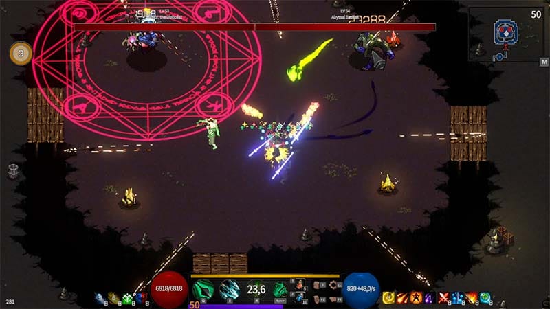 Gameplay view showing intense hack-and-slash combat with multiple enemies
