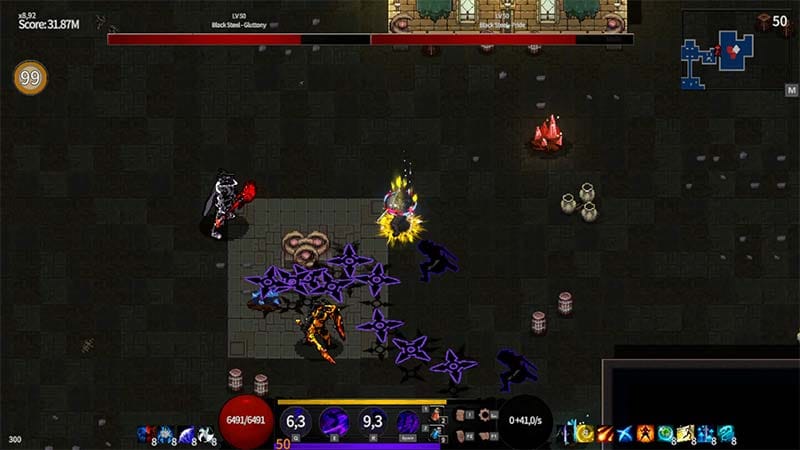 Wide gameplay view showing a tower floor with enemies and combat effects