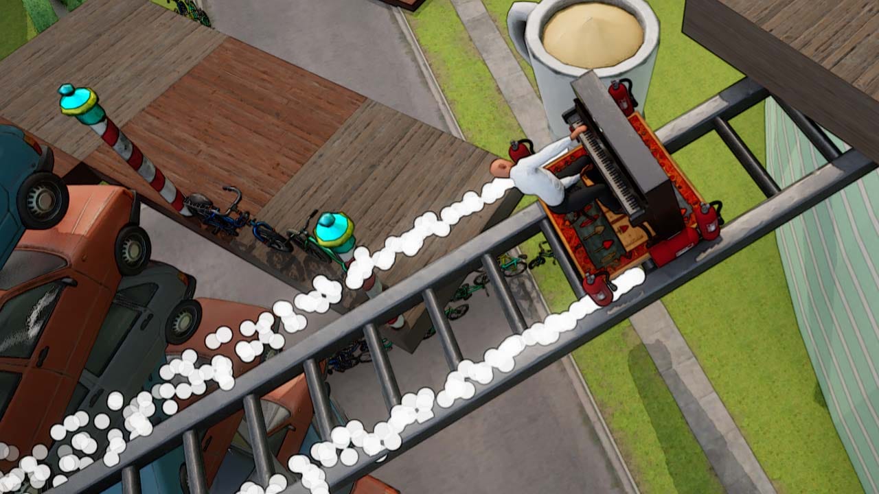 Gameplay environment view showing a piano being transported across rooftops and gaps in a physics-based platformer