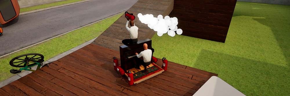 Wide gameplay scene showing cooperative piano transport across an urban physics platforming environment