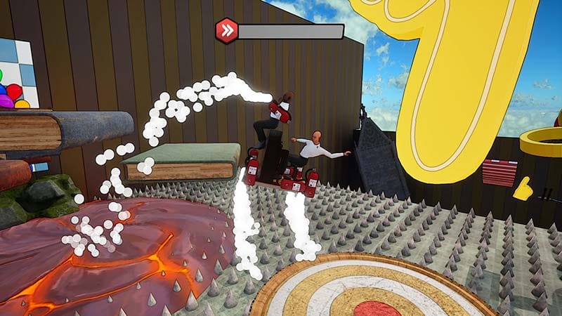 Side-view environment scene showing a piano crossing rooftop gaps in a momentum-based platform level