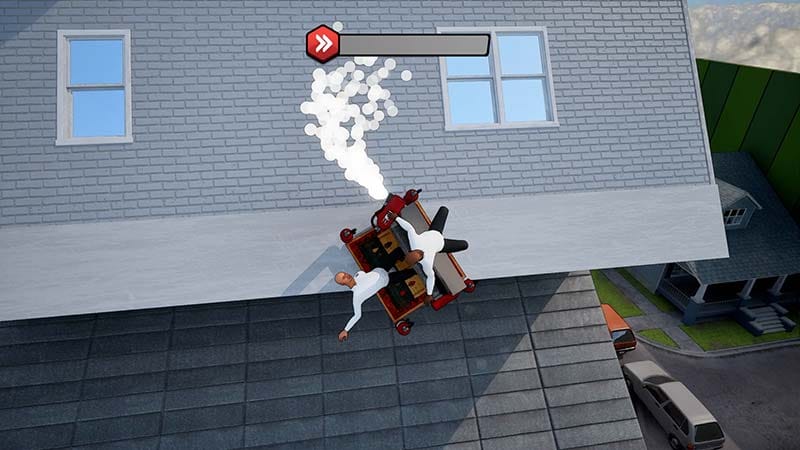Co-op gameplay moment showing players adjusting movement of a piano during a difficult jump section