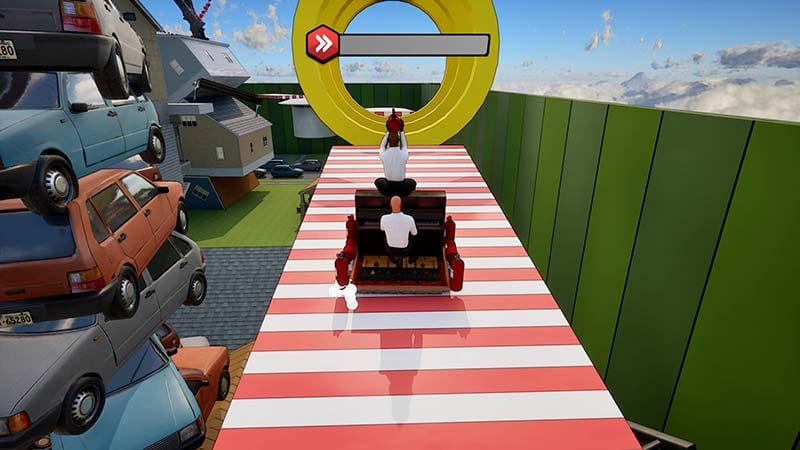 Physics interaction view showing piano movement affected by speed and terrain in a platforming environment