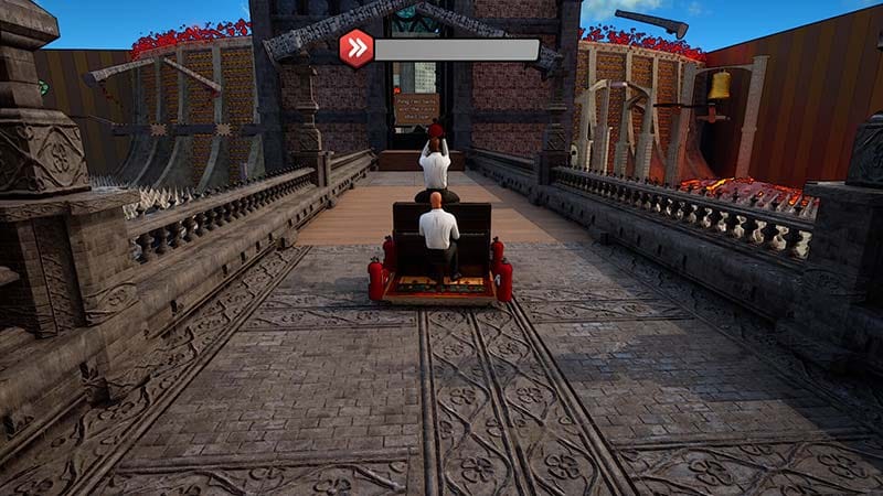 Urban rooftop environment showing traversal path for a piano in a physics-based transport game