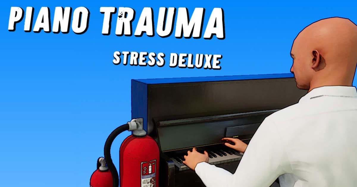 Promotional gameplay scene of Piano Trauma Stress Deluxe showing two-player co-op movement of a piano through an urban obstacle course